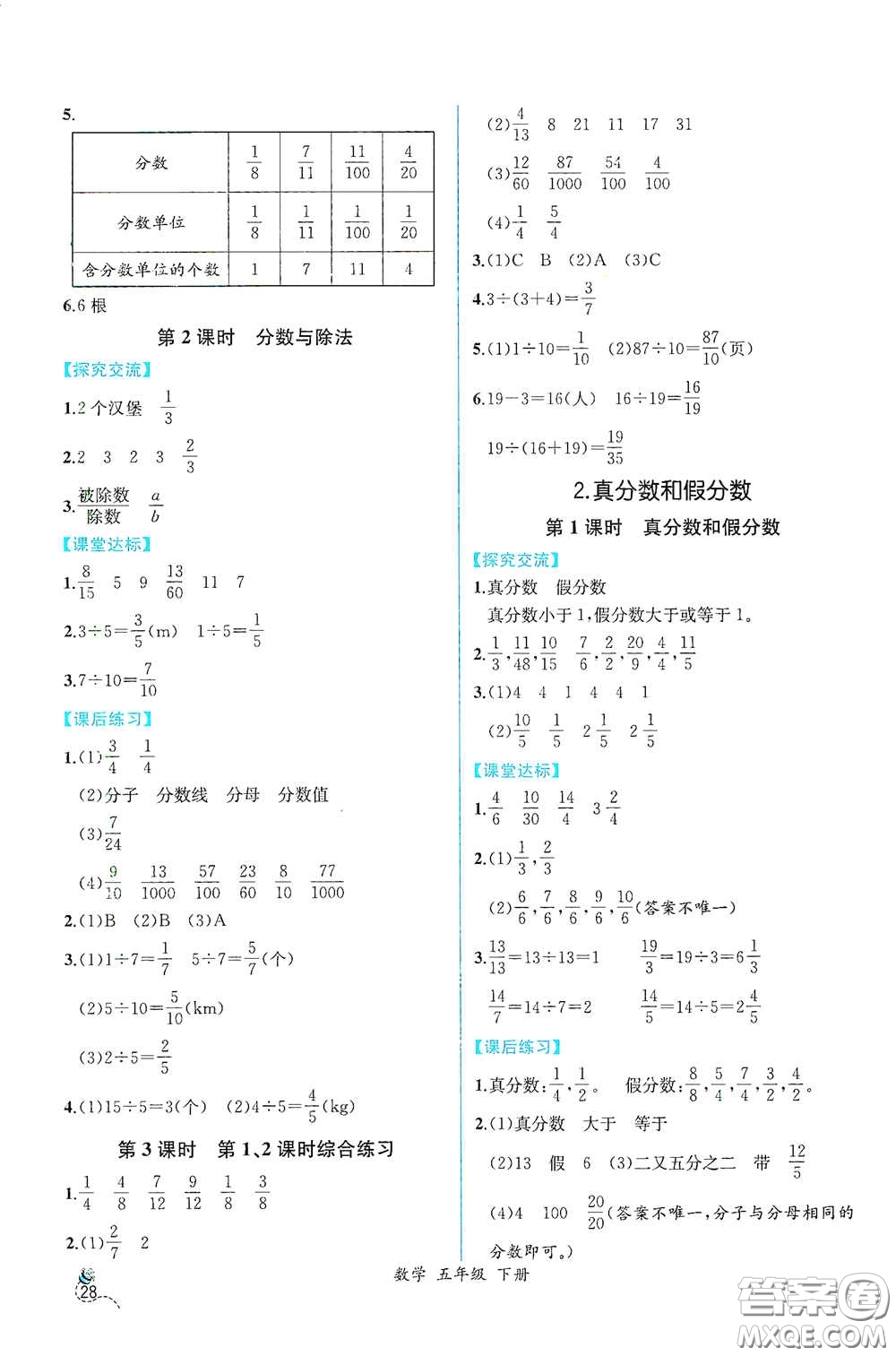 人民教育出版社2021同步導(dǎo)學(xué)案課時(shí)練五年級數(shù)學(xué)下冊人教版答案