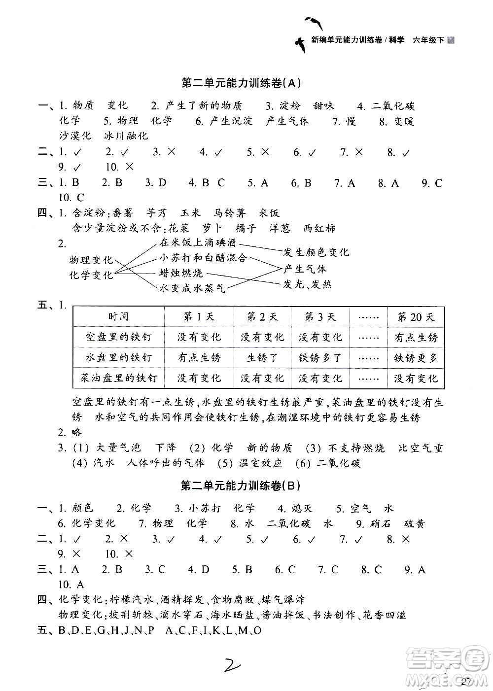 浙江教育出版社2021新編單元能力訓(xùn)練卷科學(xué)六年級下冊教科版答案