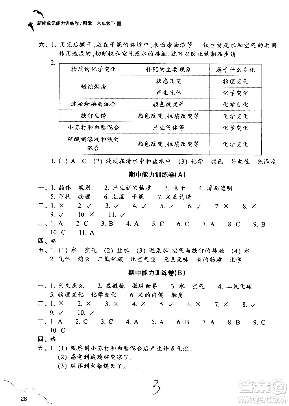 浙江教育出版社2021新編單元能力訓(xùn)練卷科學(xué)六年級下冊教科版答案