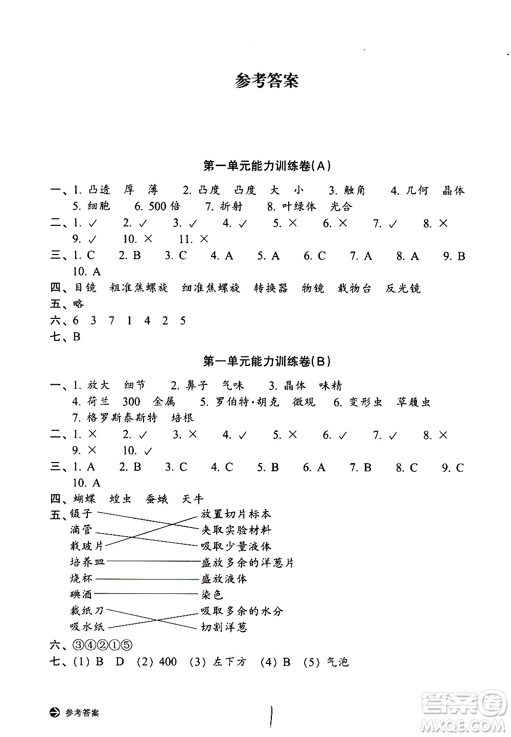 浙江教育出版社2021新編單元能力訓(xùn)練卷科學(xué)六年級下冊教科版答案