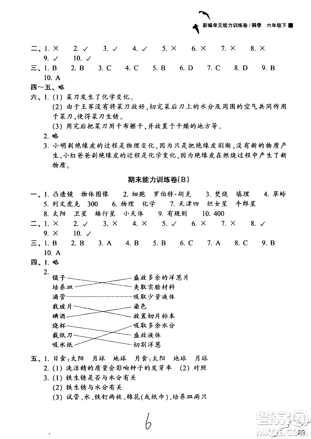 浙江教育出版社2021新編單元能力訓(xùn)練卷科學(xué)六年級下冊教科版答案