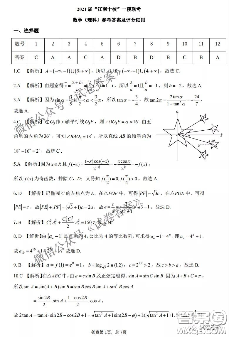 2021屆江南十校一模聯(lián)考理科數(shù)學(xué)試題及答案