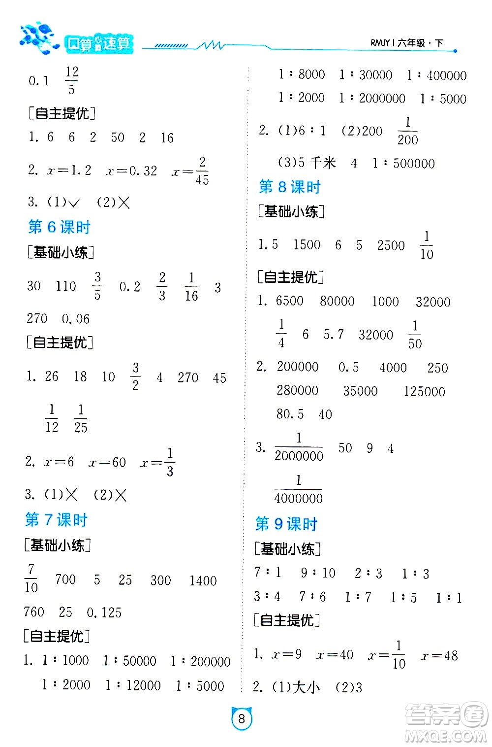 江蘇人民出版社2021小學(xué)數(shù)學(xué)口算速算提優(yōu)練習(xí)冊六年級(jí)下冊人教版答案