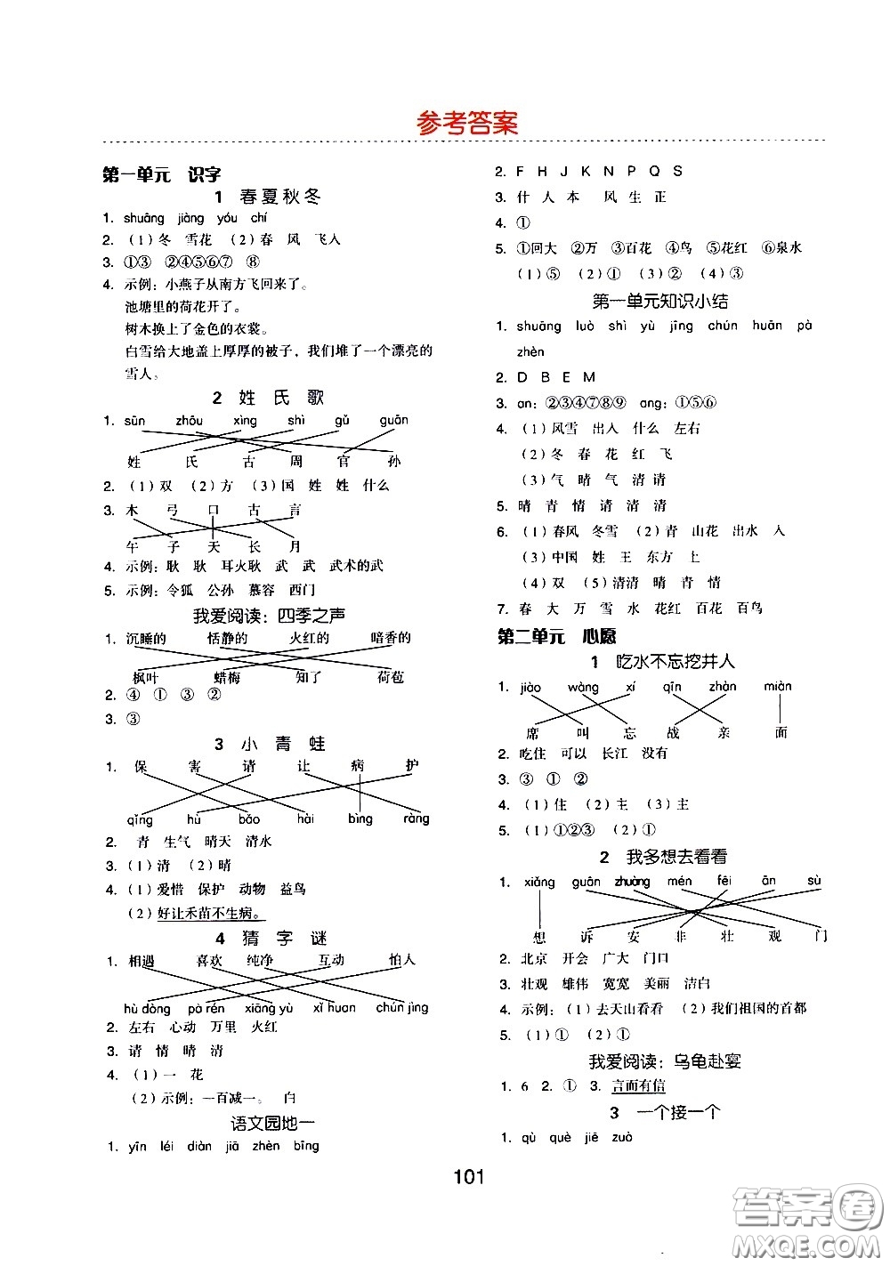 湖南少年兒童出版社2021智慧作業(yè)語(yǔ)文一年級(jí)下冊(cè)人教版答案