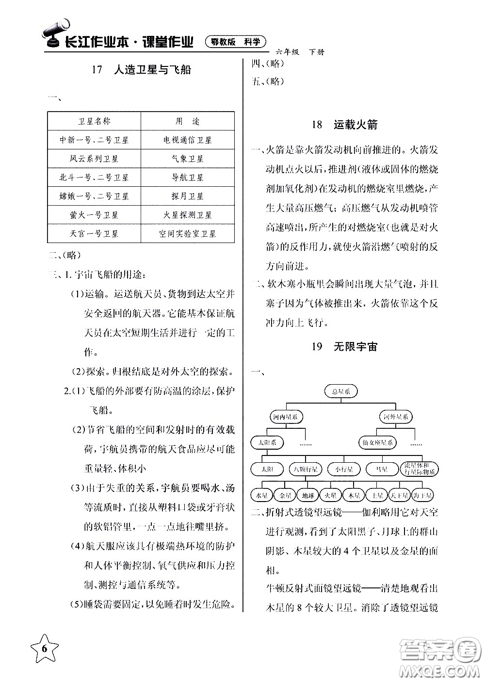 湖北教育出版社2021長(zhǎng)江作業(yè)本課堂作業(yè)科學(xué)六年級(jí)下冊(cè)鄂教版答案