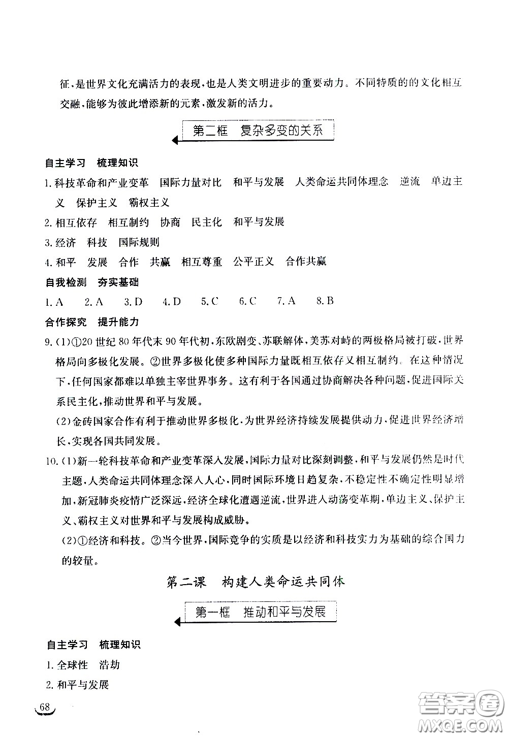 湖北教育出版社2021長江作業(yè)本同步練習冊道德與法治九年級下冊人教版答案