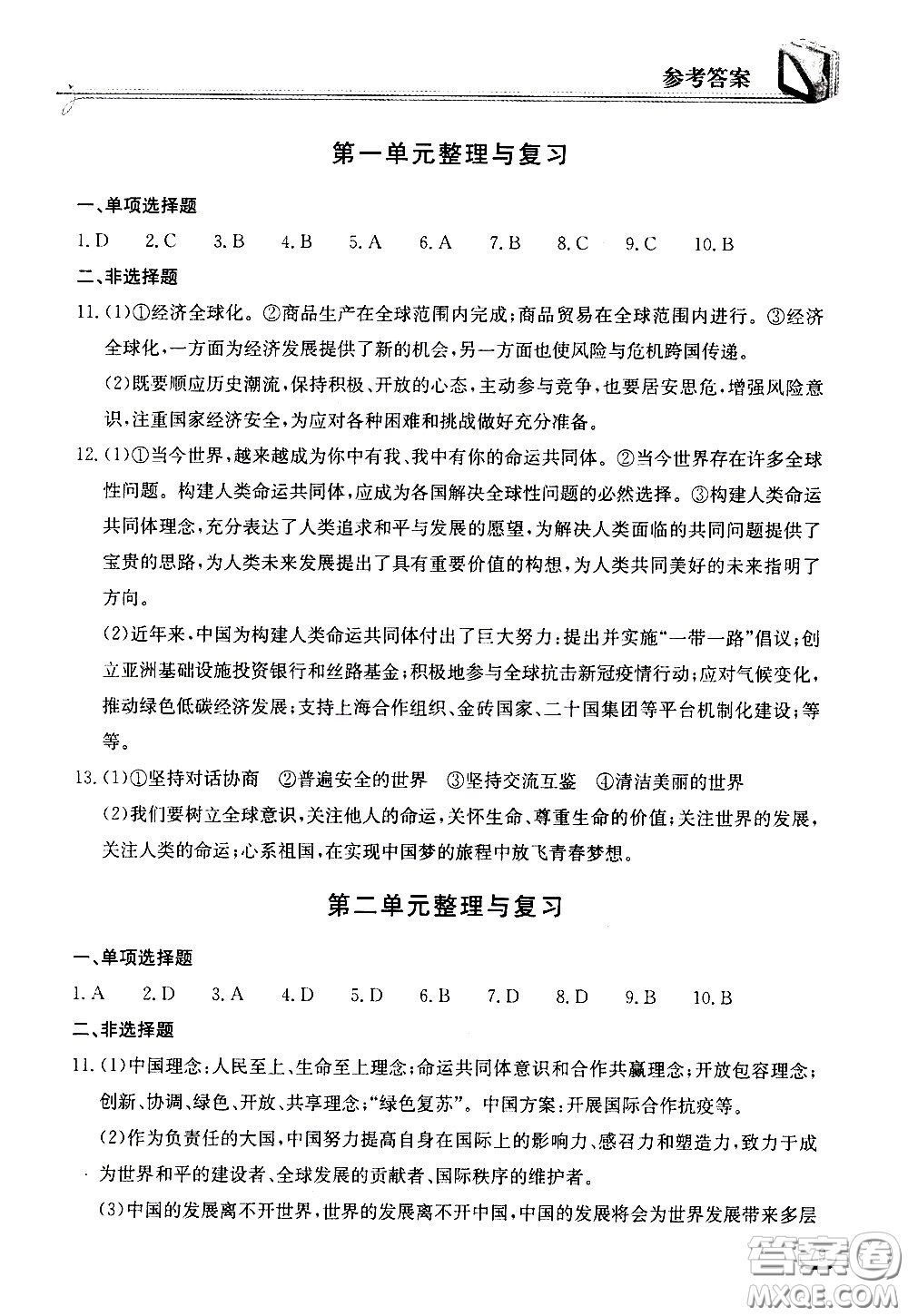 湖北教育出版社2021長江作業(yè)本同步練習冊道德與法治九年級下冊人教版答案