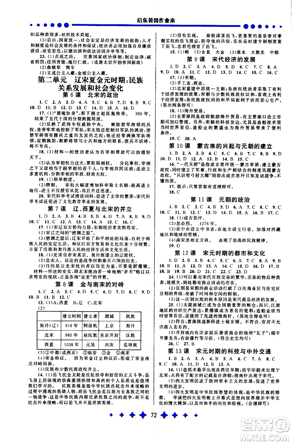 黃山書社2021啟東黃岡作業(yè)本七年級下冊歷史人民教育版答案