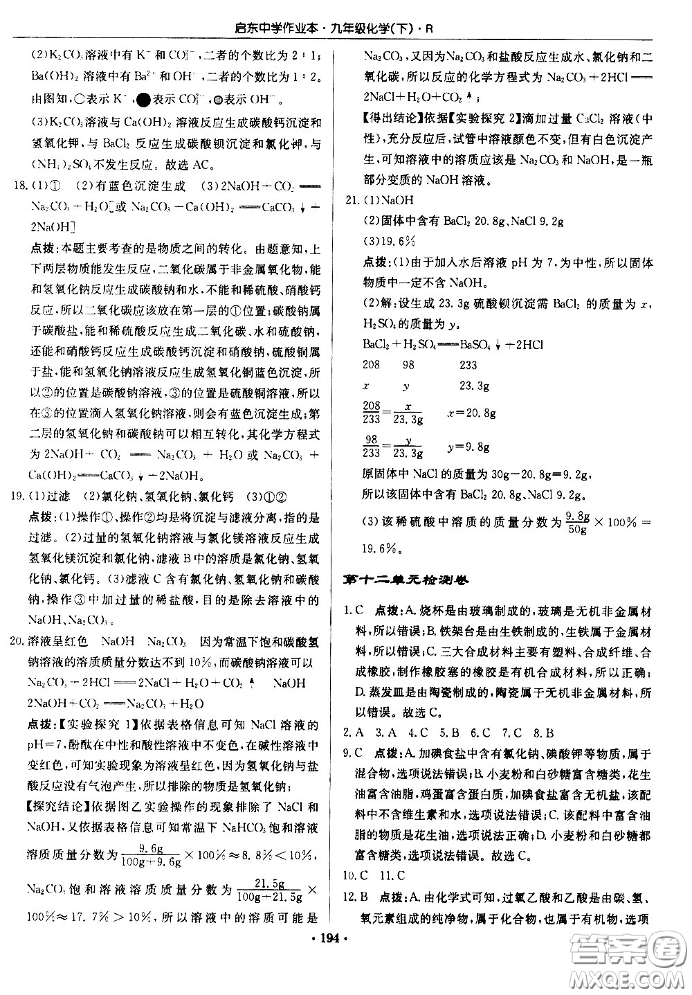 龍門書局2021啟東中學(xué)作業(yè)本九年級(jí)化學(xué)下冊(cè)R人教版答案