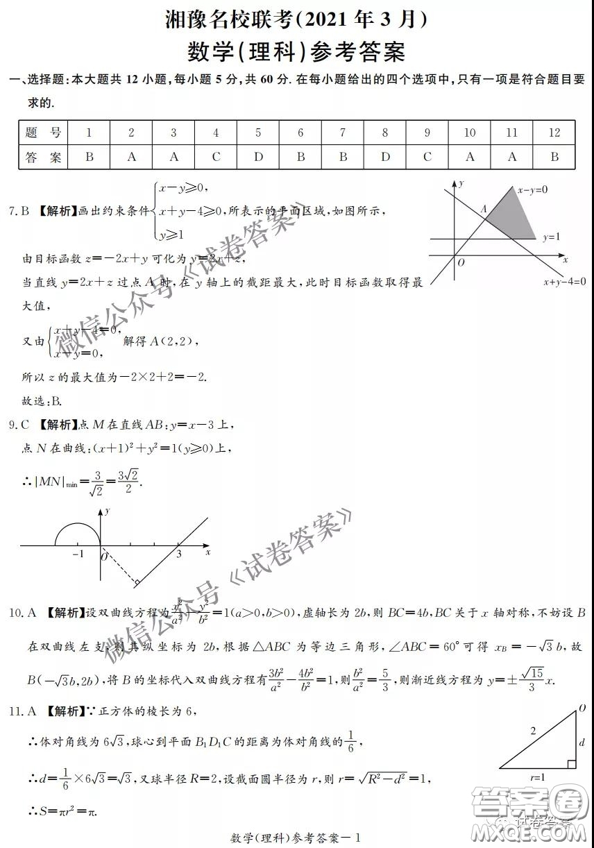 2021年3月湘豫名校聯(lián)考高三理科數(shù)學試題及答案