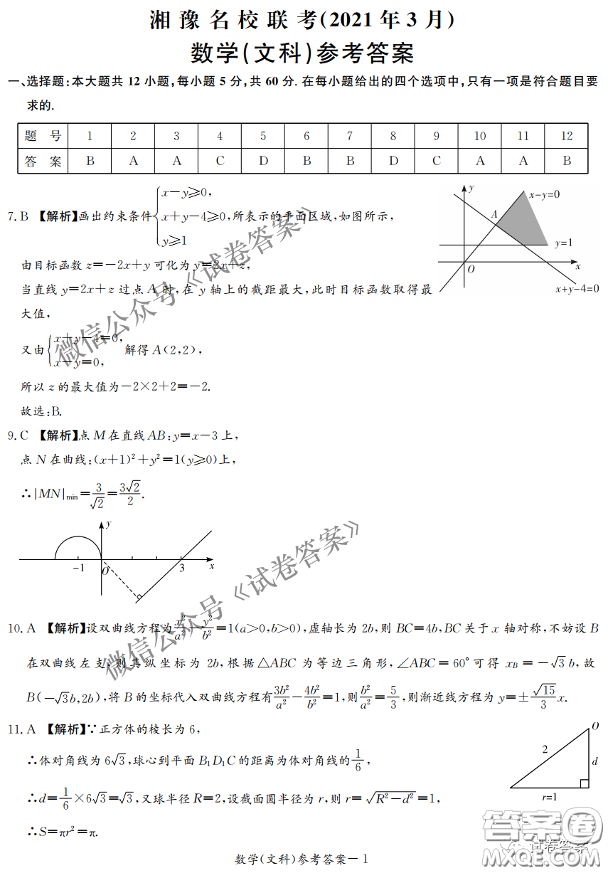 2021年3月湘豫名校聯(lián)考高三文科數(shù)學(xué)試題及答案