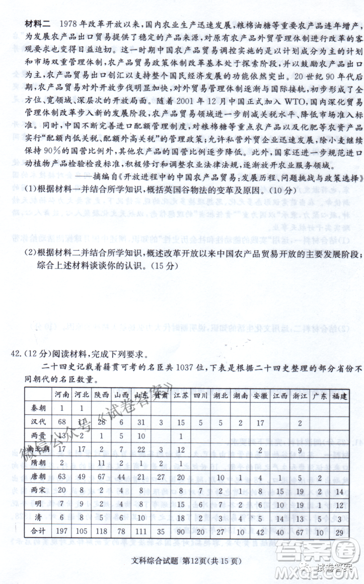 2021年3月湘豫名校聯(lián)考高三文科綜合試題及答案