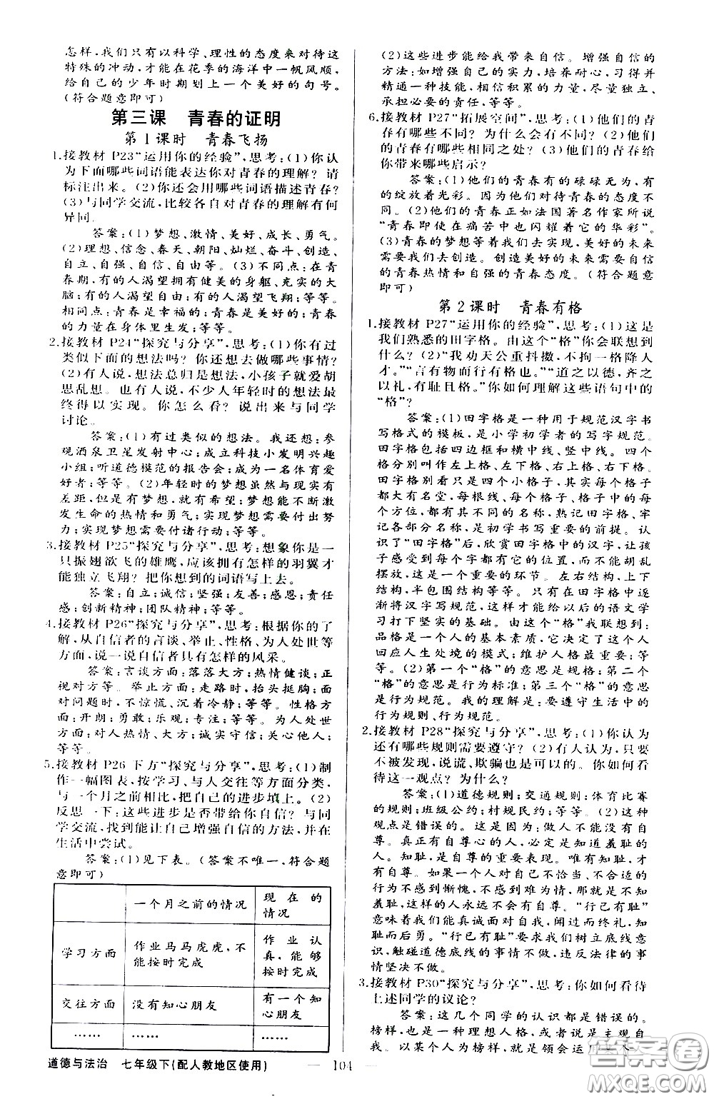 新疆青少年出版社2021原創(chuàng)新課堂道德與法治七年級(jí)下人教版答案