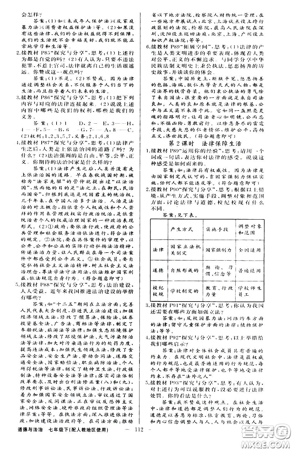 新疆青少年出版社2021原創(chuàng)新課堂道德與法治七年級(jí)下人教版答案