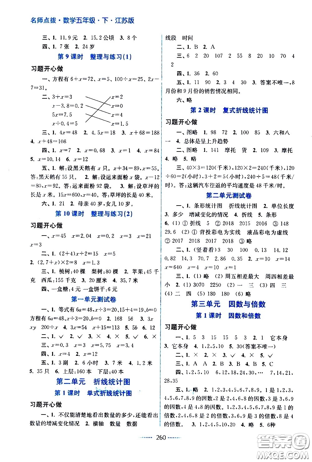 江蘇鳳凰美術出版社2021名師點撥課課通教材全解析數(shù)學五年級下江蘇版答案