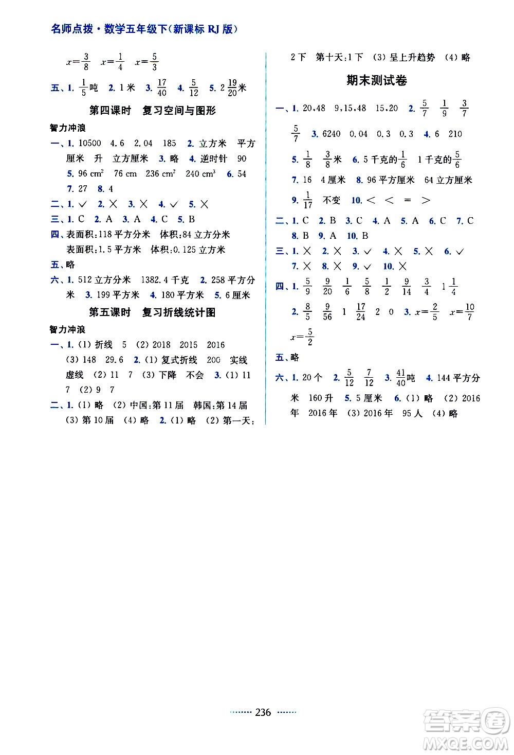 東南大學出版社2021名師點撥課課通教材全解析數(shù)學五年級下新課標RJ人教版答案