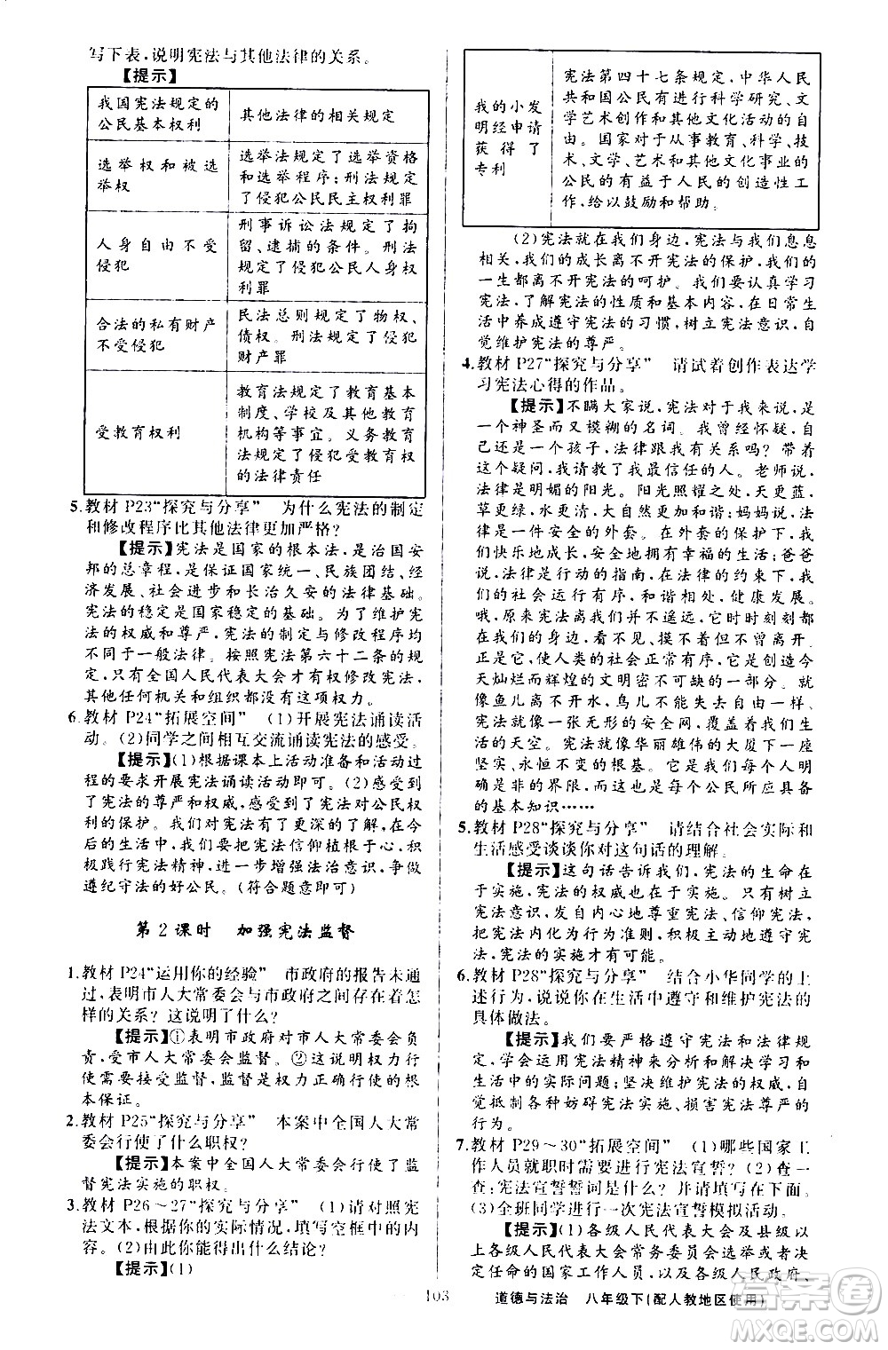 新疆青少年出版社2021原創(chuàng)新課堂道德與法治八年級下人教版答案