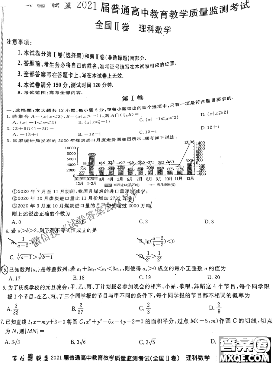 百校聯(lián)盟2021屆普通高中教育教學(xué)質(zhì)量監(jiān)測(cè)考試全國(guó)II卷理科數(shù)學(xué)試題及答案