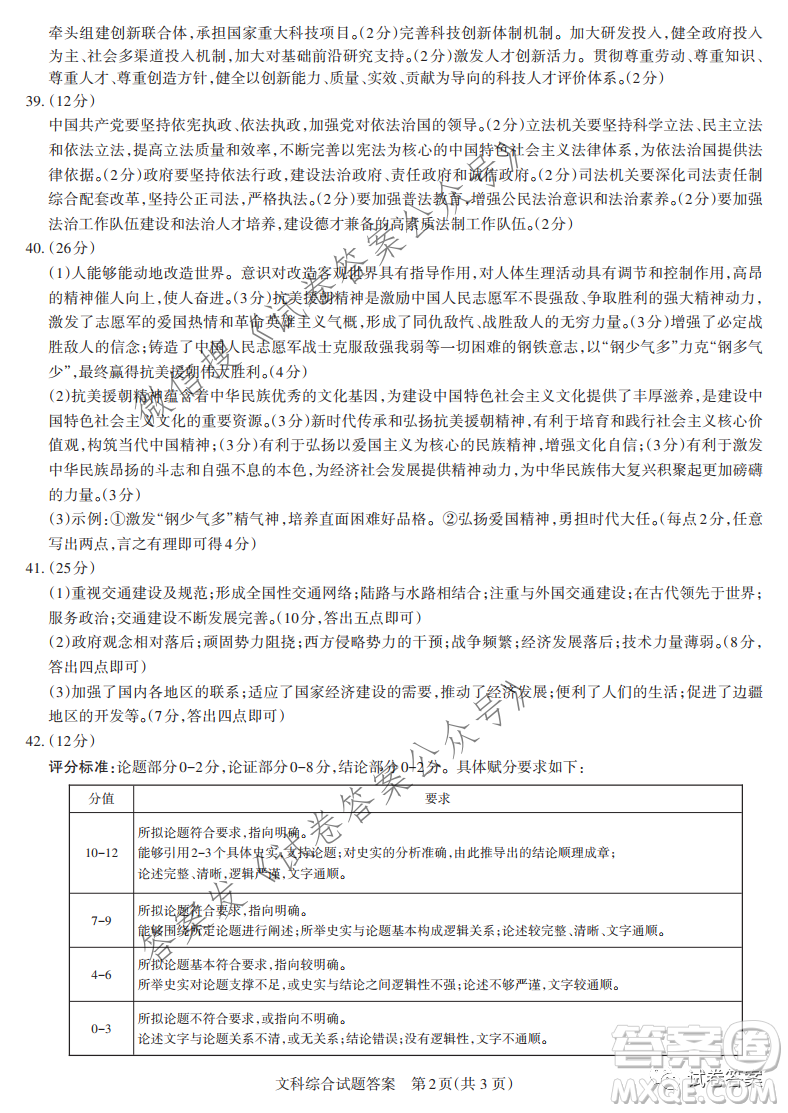 2021年山西省高考考前適應(yīng)性測試文科綜合答案