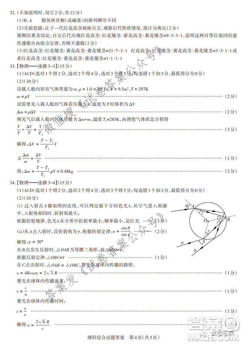 2021年山西省高考考前適應(yīng)性測(cè)試?yán)砜凭C合答案