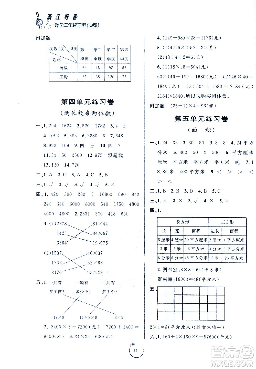 寧波出版社2021浙江好卷數(shù)學三年級下冊RJ人教版答案