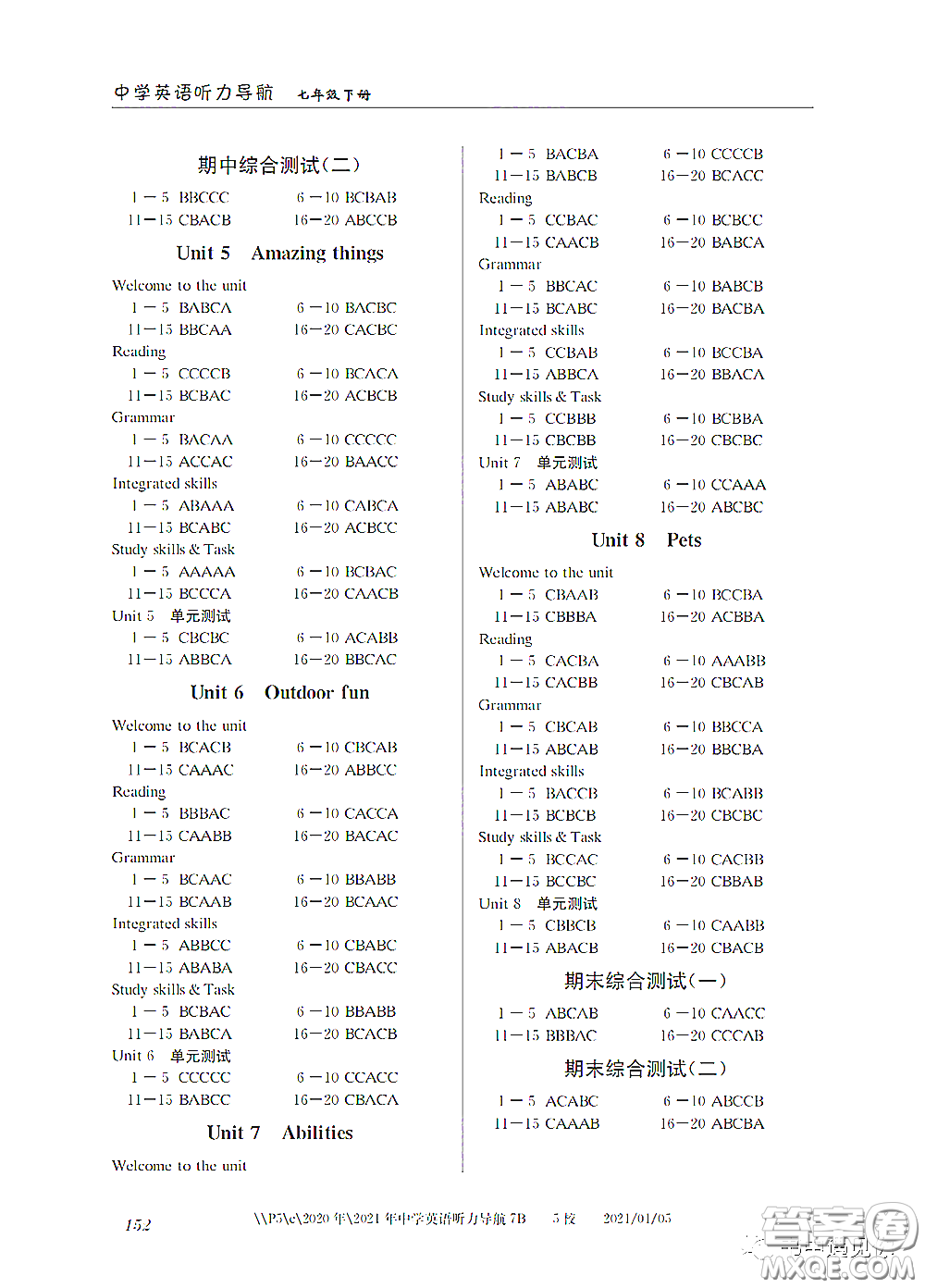 2021中學英語聽力導航七年級下冊答案