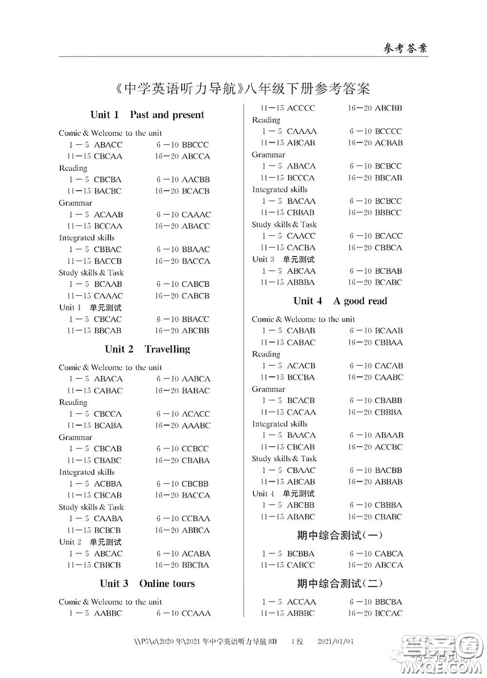 2021中學(xué)英語(yǔ)聽(tīng)力導(dǎo)航八年級(jí)下冊(cè)答案