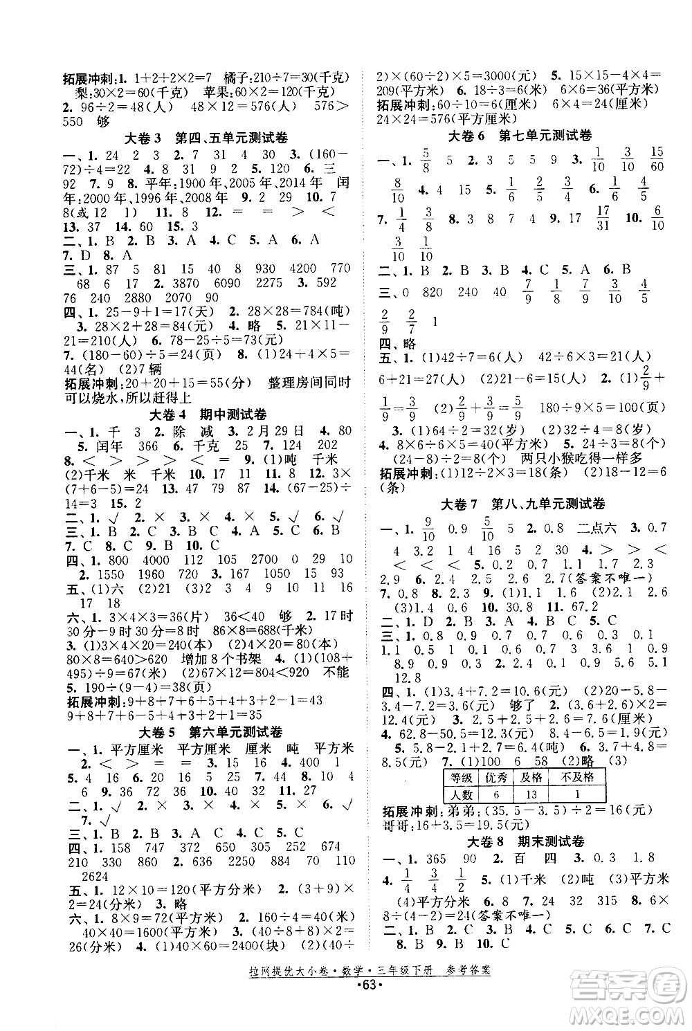 福建人民出版社2021拉網(wǎng)提優(yōu)大小卷數(shù)學(xué)三年級(jí)下冊(cè)SJ蘇教版答案