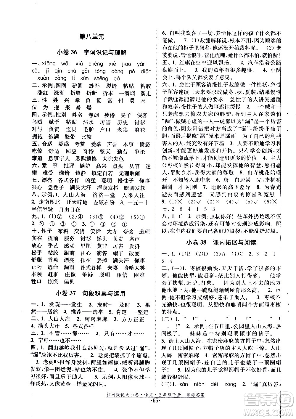 福建人民出版社2021拉網(wǎng)提優(yōu)大小卷語文三年級下冊人教版答案