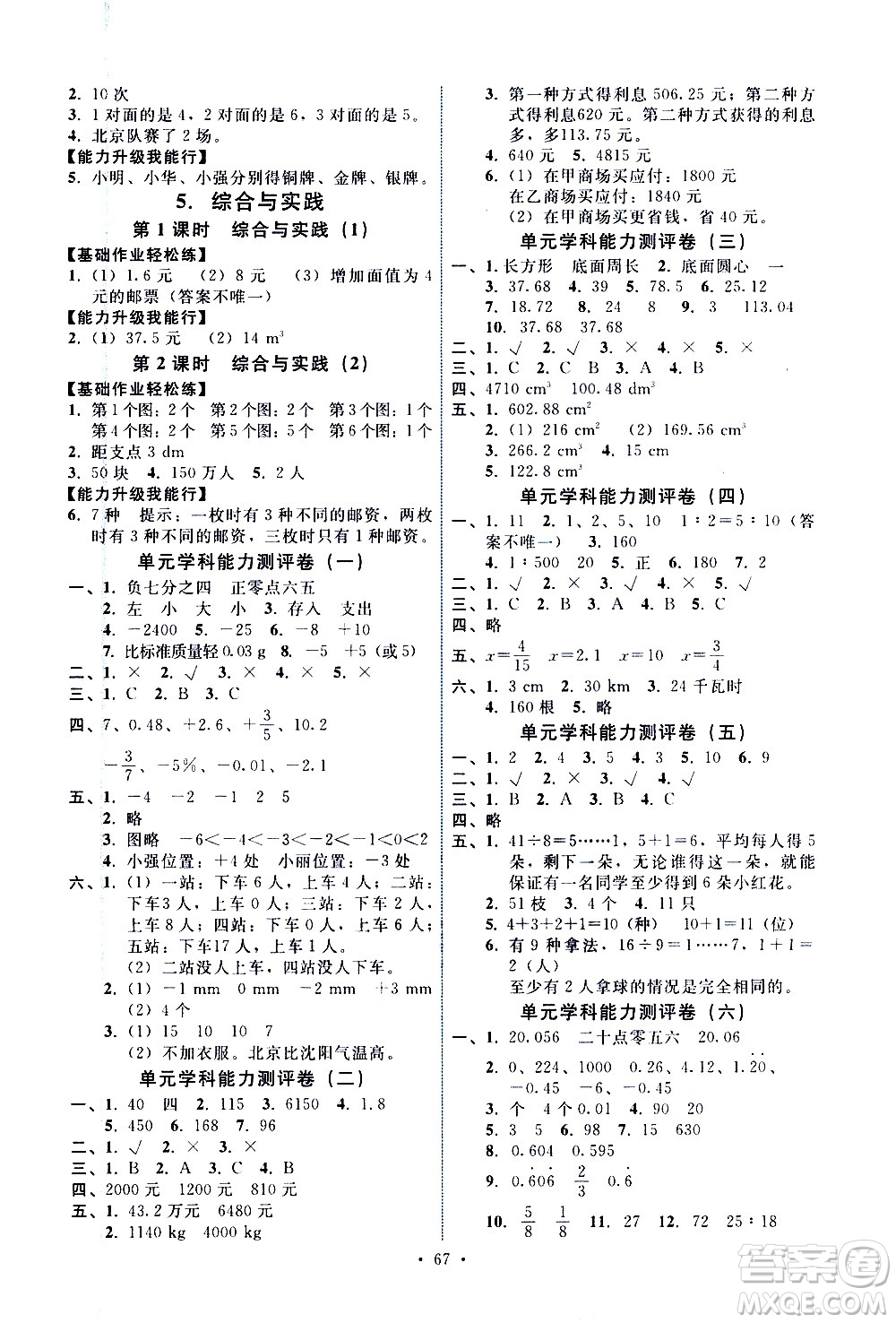 人民教育出版社2021能力培養(yǎng)與測(cè)試數(shù)學(xué)六年級(jí)下冊(cè)人教版湖南專版答案