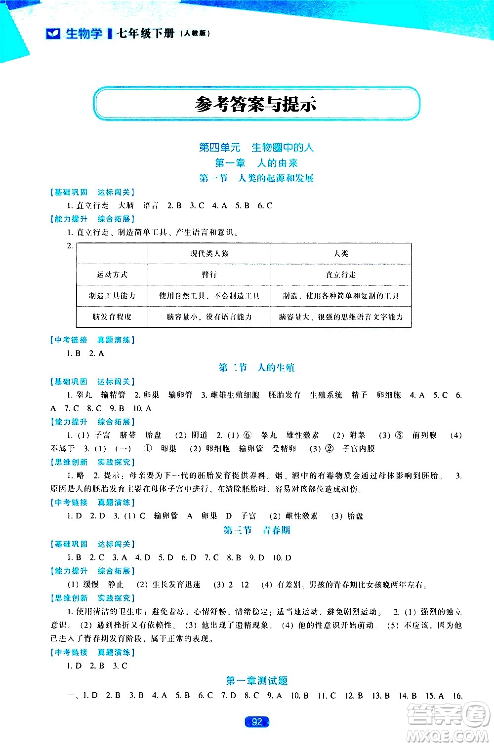 遼海出版社2021新課程生物學(xué)能力培養(yǎng)七年級下冊人教版答案