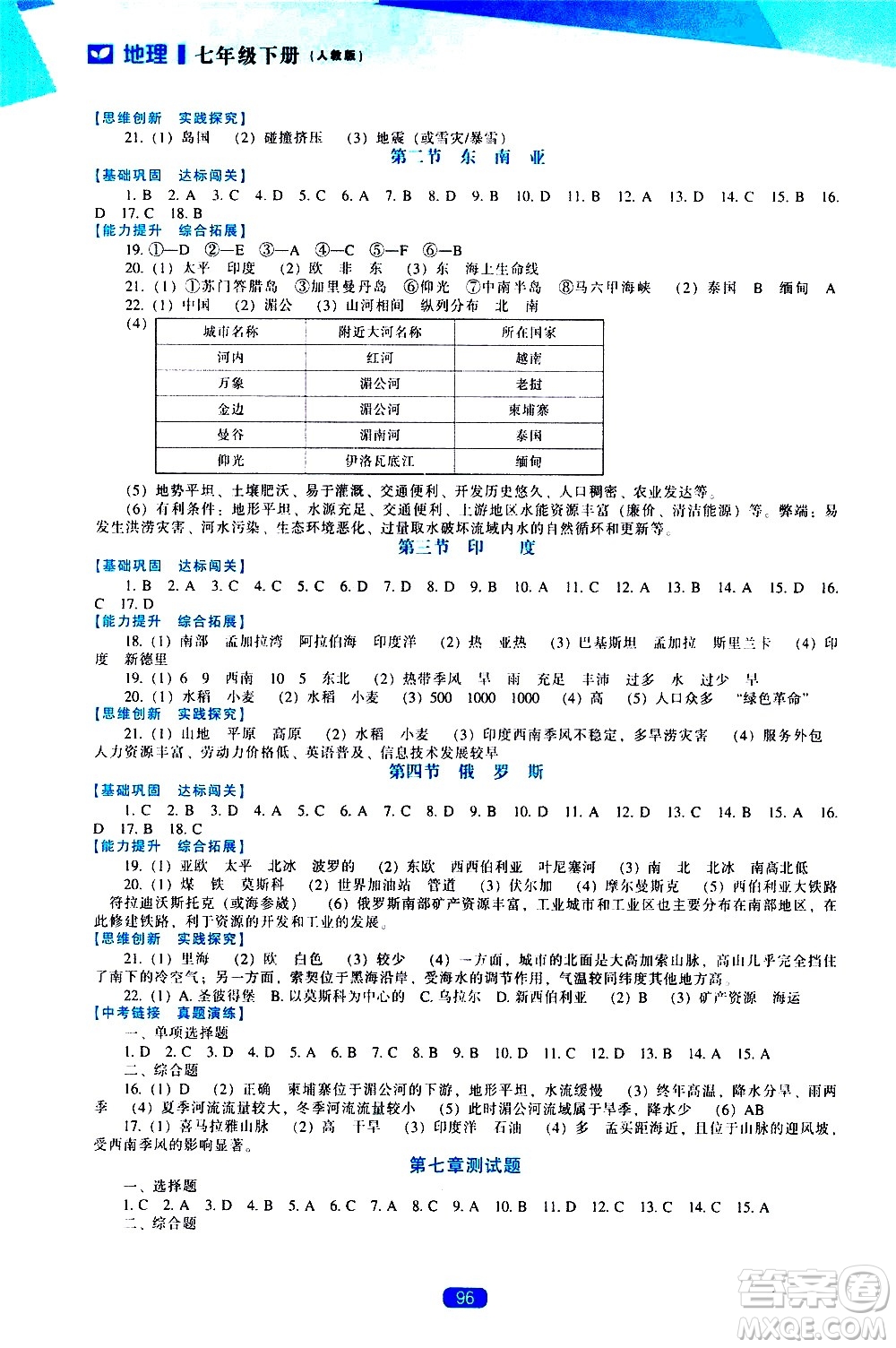 遼海出版社2021新課程地理能力培養(yǎng)七年級下冊人教版答案