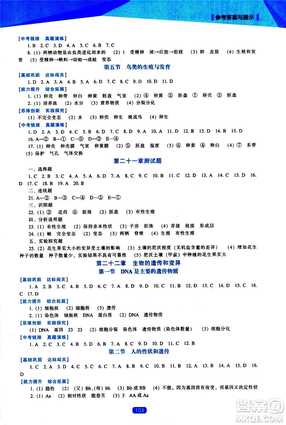 遼海出版社2021新課程生物能力培養(yǎng)八年級下冊蘇教版答案