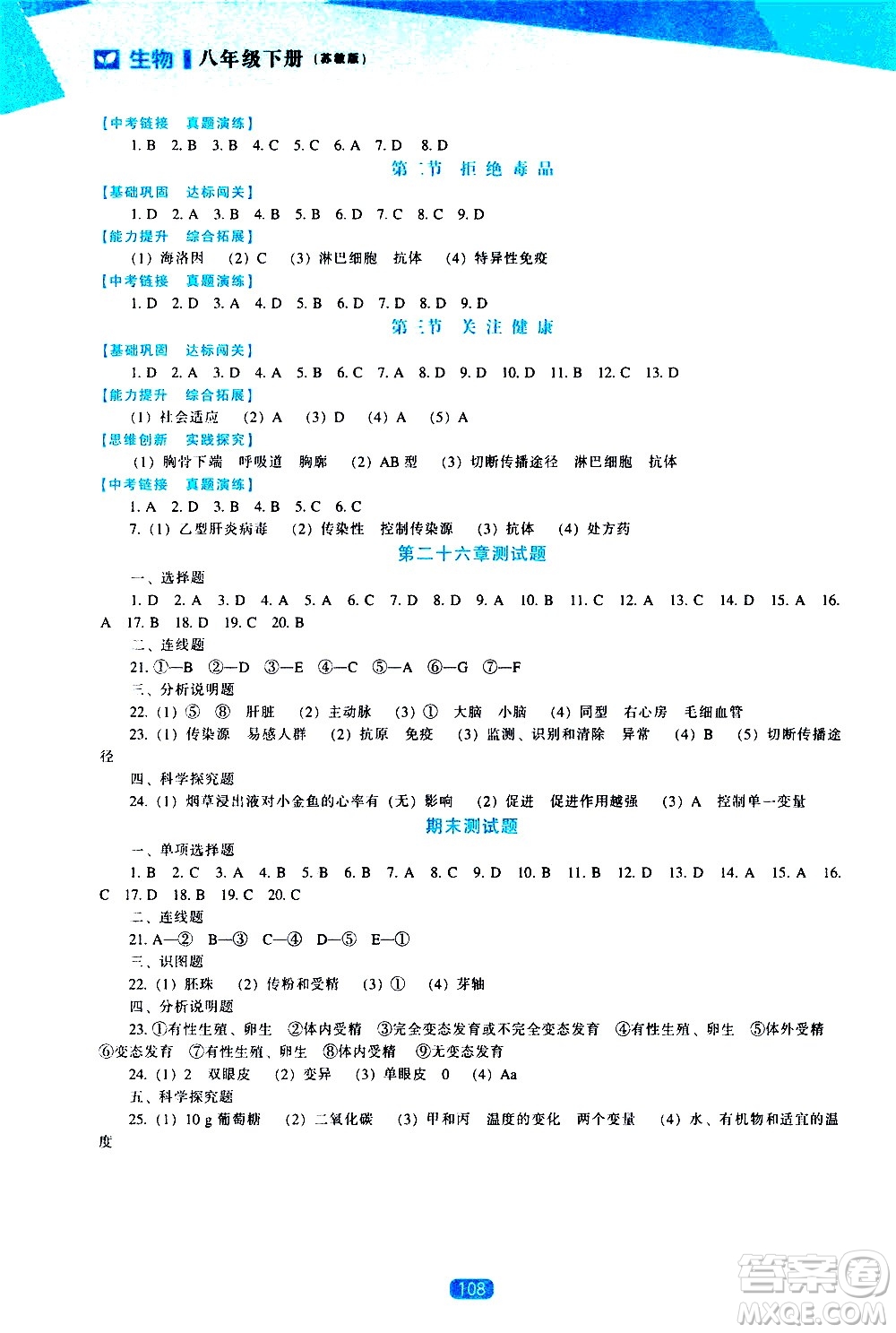 遼海出版社2021新課程生物能力培養(yǎng)八年級下冊蘇教版答案