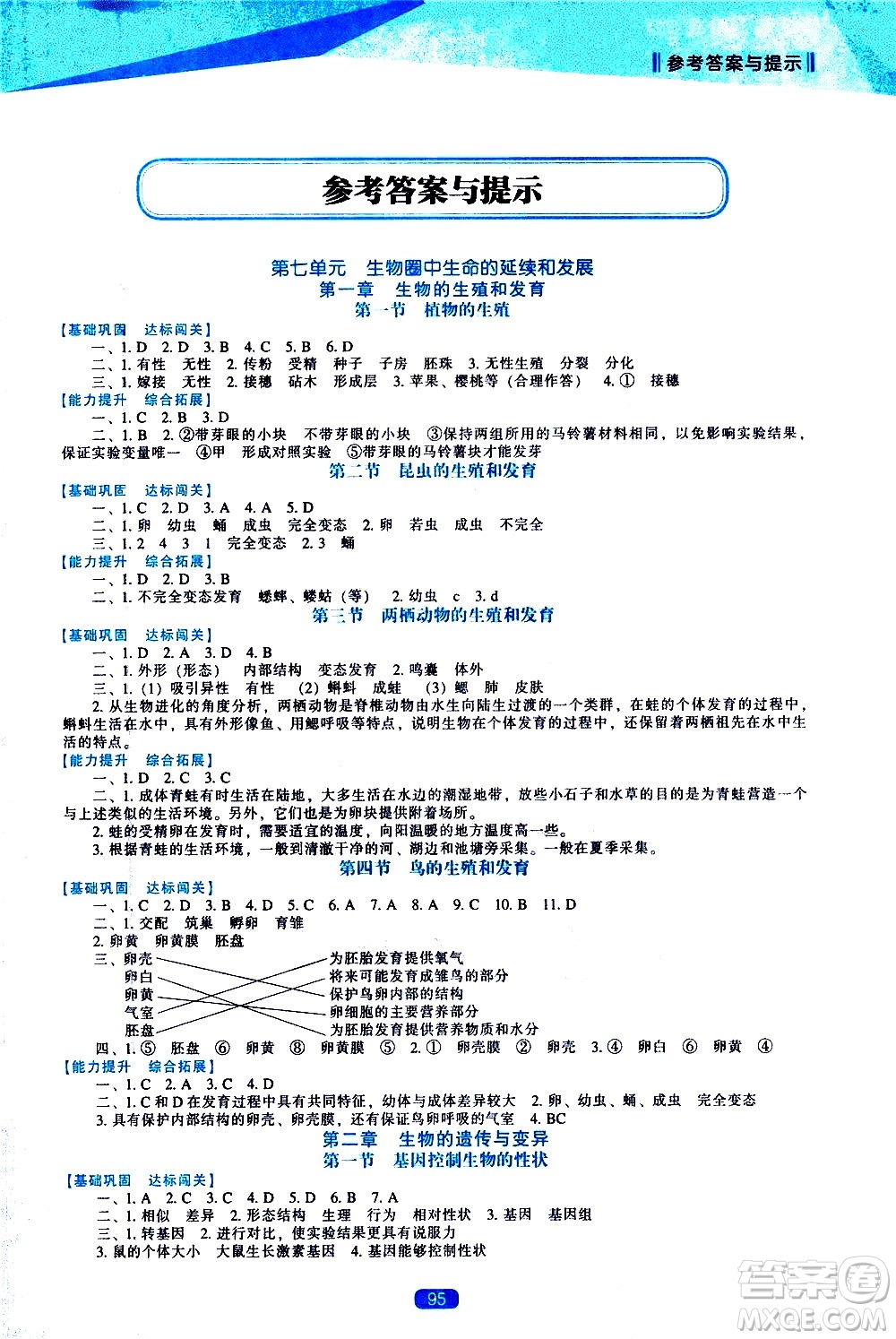 遼海出版社2021新課程生物學(xué)能力培養(yǎng)八年級下冊人教版答案