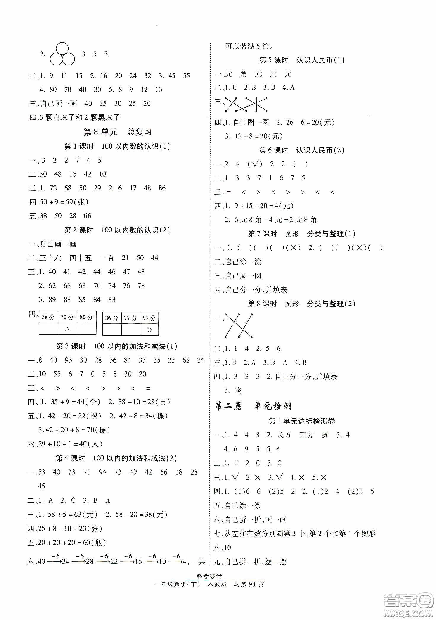 陽光出版社2021匯文圖書卓越課堂一年級數學下冊人教版答案