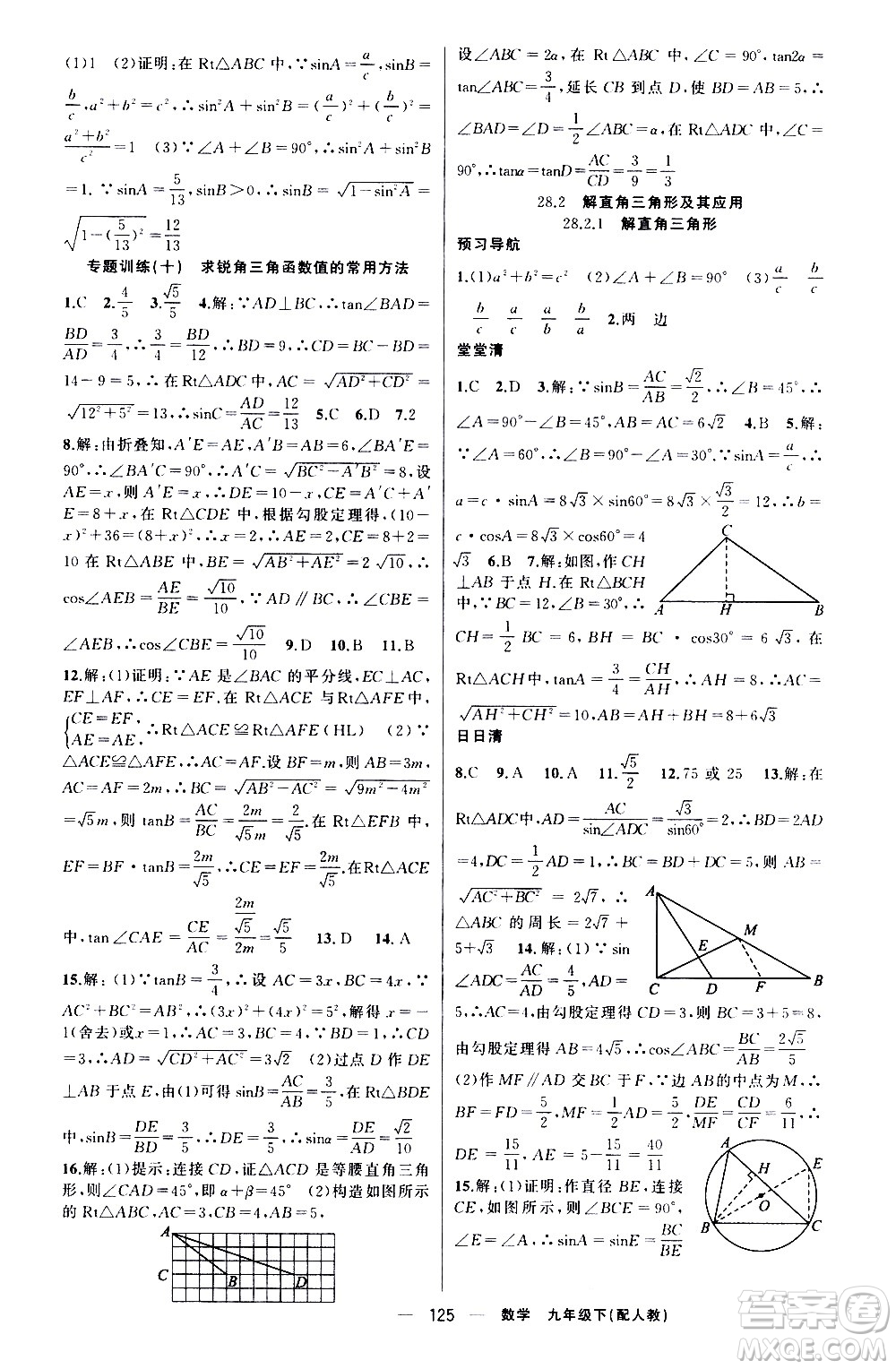 新疆青少年出版社2021四清導航數(shù)學九年級下冊人教版答案