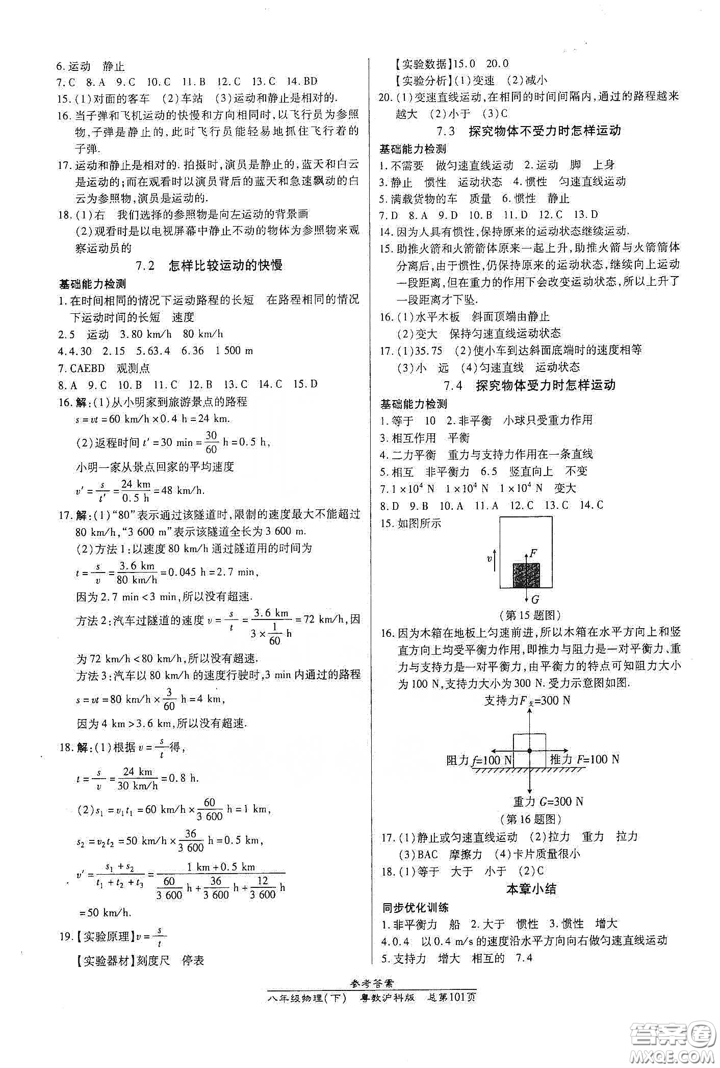 陽(yáng)光出版社2021匯文圖書卓越課堂八年級(jí)物理下冊(cè)滬粵版答案