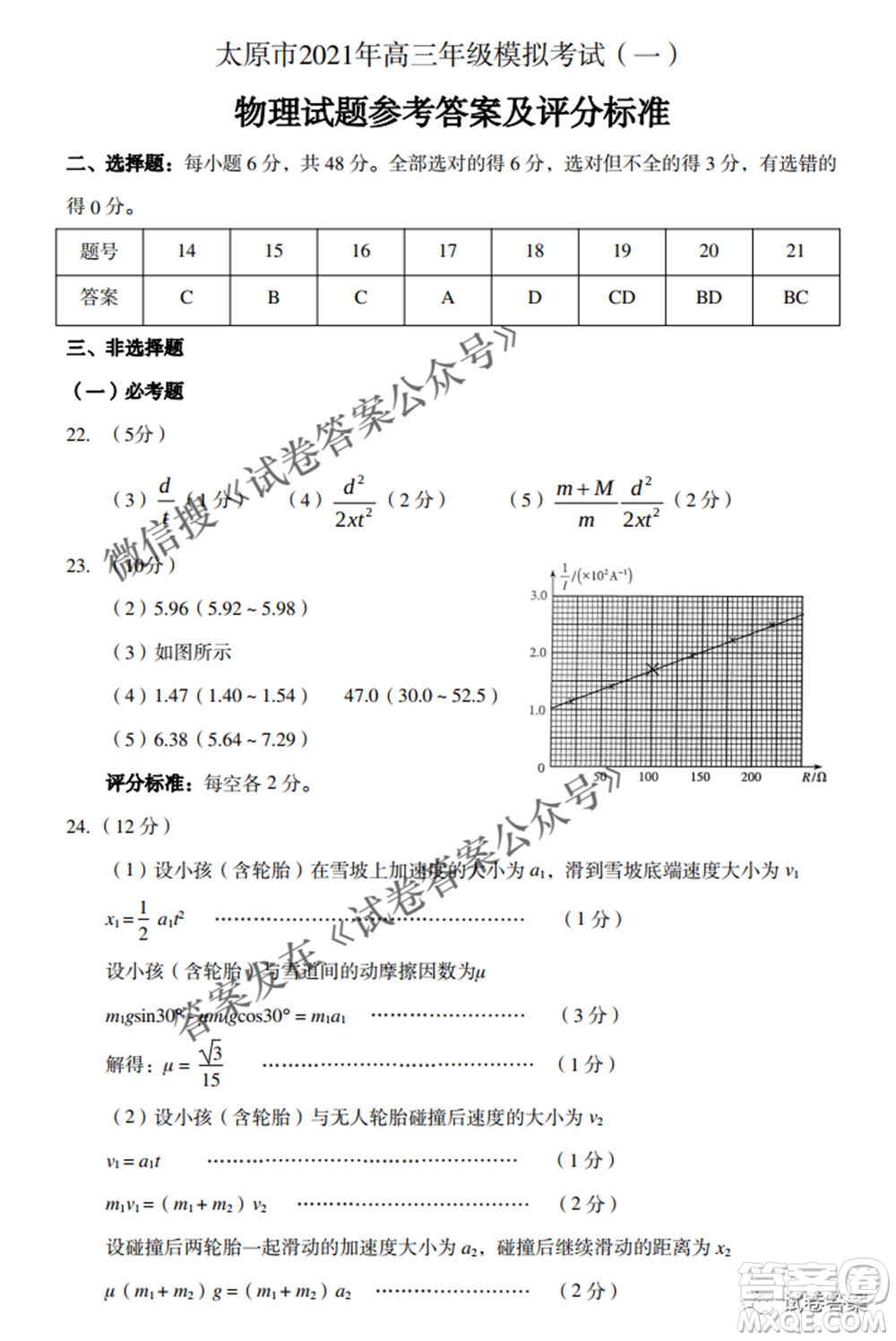 太原市2021年高三年級模擬考試一理科綜合試題及答案