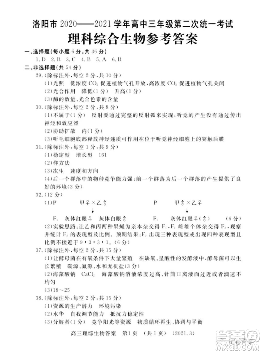 洛陽市2020-2021學(xué)年高中三年級(jí)第二次統(tǒng)一考試?yán)砜凭C合試題及答案