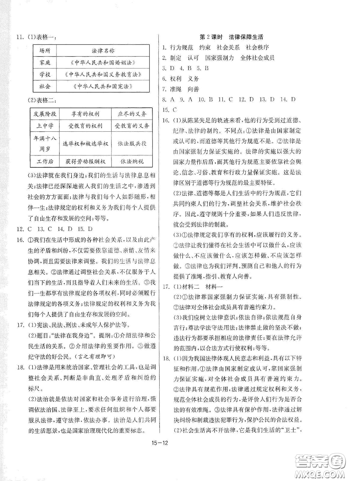 江蘇人民出版社2021春雨教育課時(shí)訓(xùn)練七年級(jí)道德與法治下冊(cè)人民教育版答案