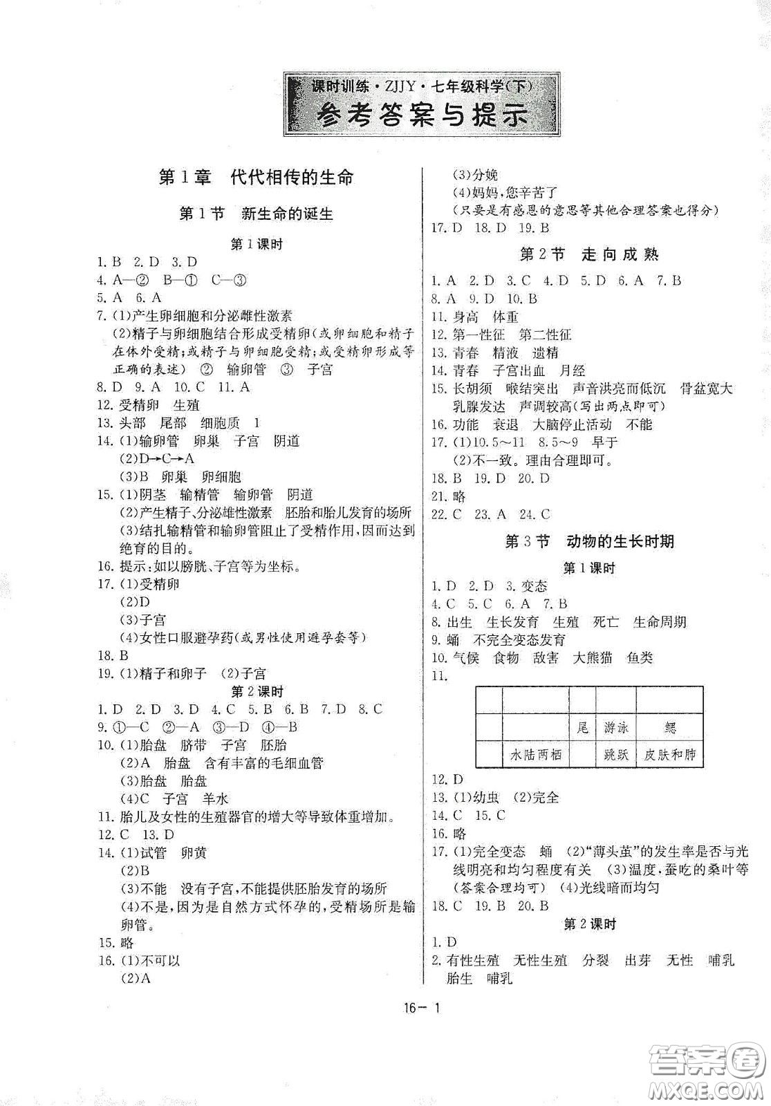 江蘇人民出版社2021春雨教育課時(shí)訓(xùn)練七年級(jí)科學(xué)下冊(cè)浙江教育版答案