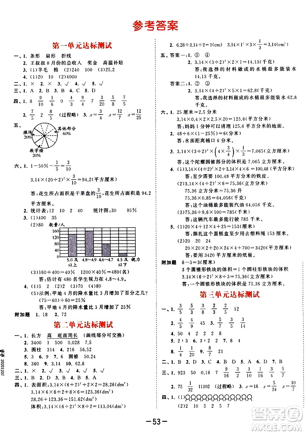 教育科學出版社2021春季53天天練測評卷小學數(shù)學六年級下冊SJ蘇教版答案