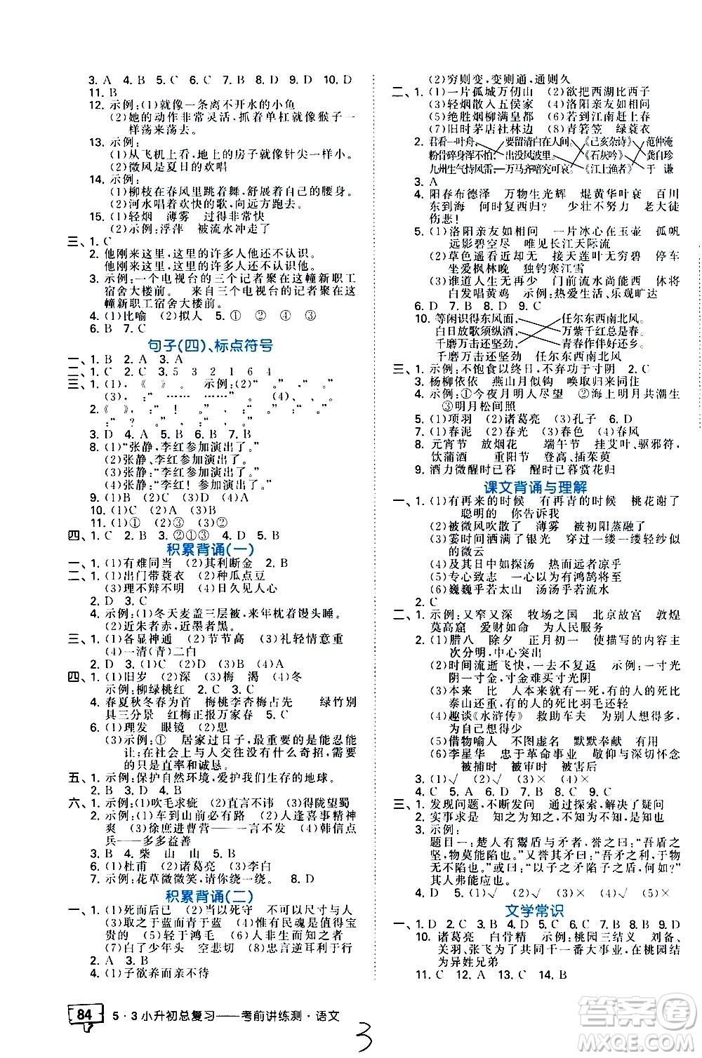 教育科學(xué)出版社2021年53小升初總復(fù)習(xí)考前講練測語文答案