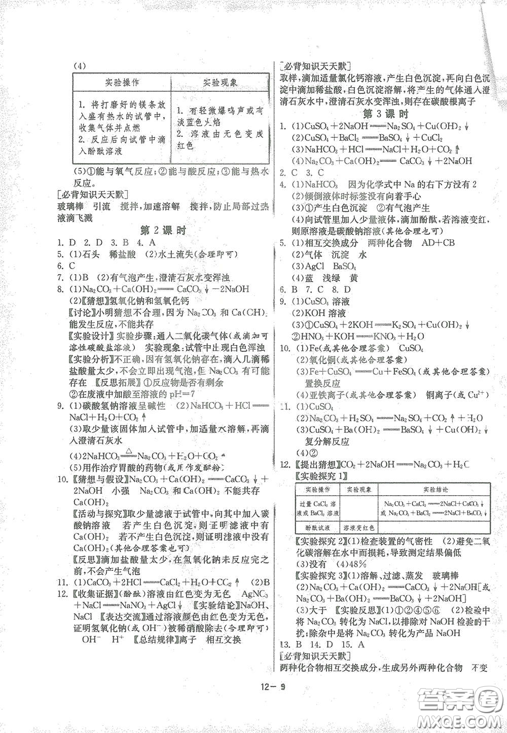 江蘇人民出版社2021春雨教育課時(shí)訓(xùn)練九年級(jí)化學(xué)下冊(cè)人民教育版答案