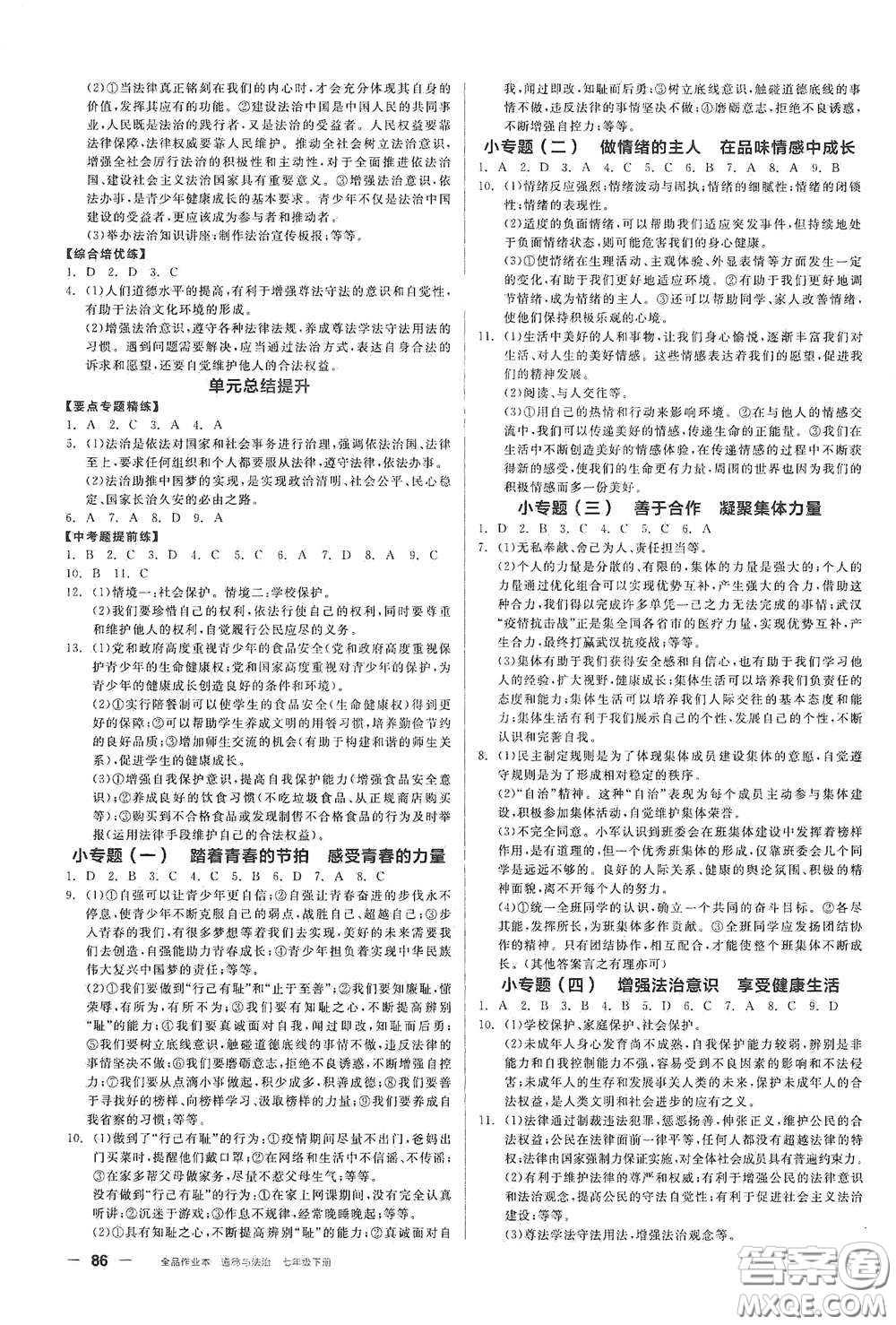 陽(yáng)光出版社2021全品作業(yè)本七年級(jí)道德與法治下冊(cè)新課標(biāo)人教版江西省專用答案