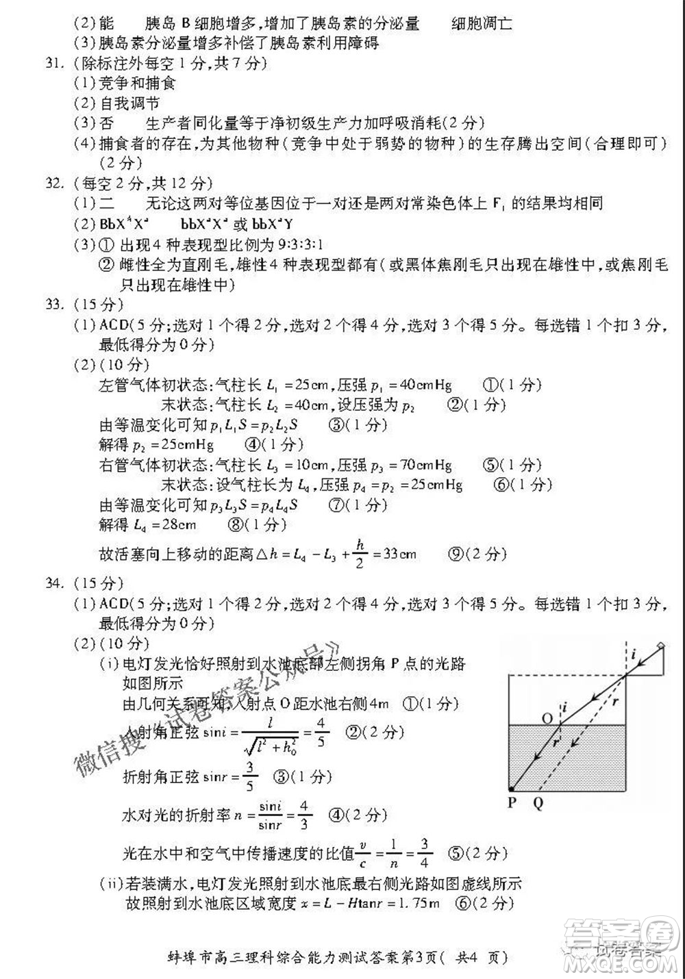 蚌埠市2021屆高三年級第三次教學(xué)質(zhì)量檢查考試?yán)砜凭C合試題及答案