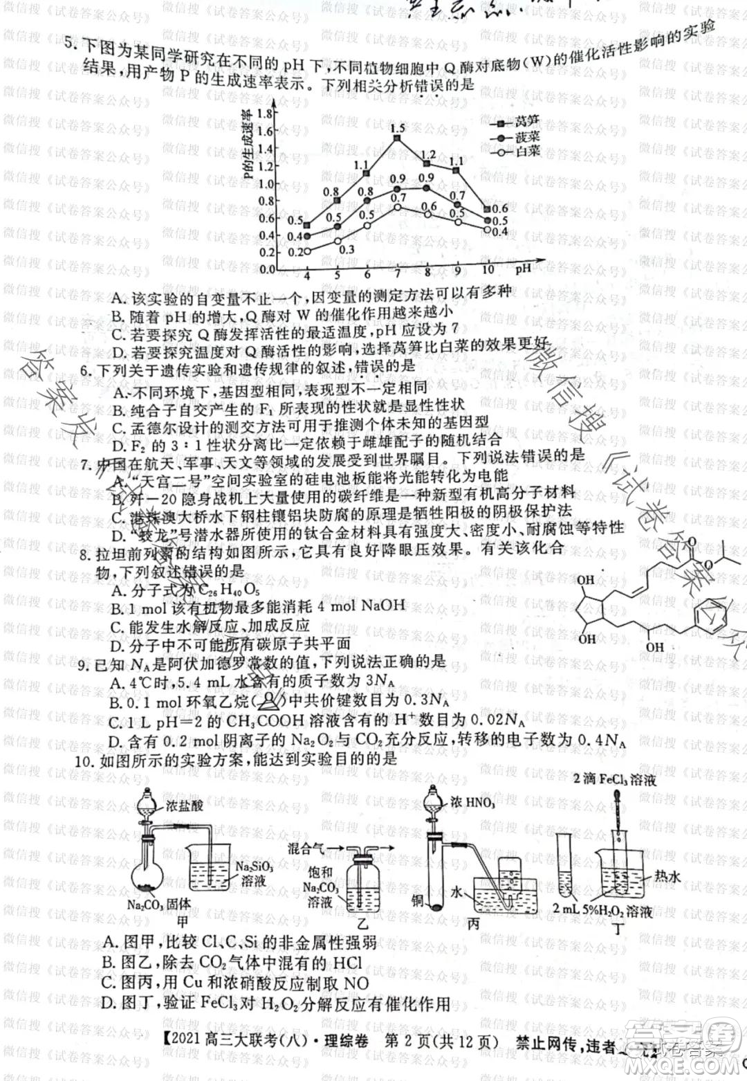 百校大聯(lián)考全國百所名校2021屆高三大聯(lián)考調(diào)研試卷八理科綜合試題及答案