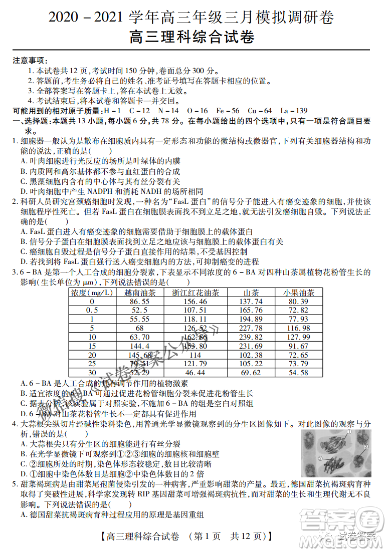 內(nèi)蒙古2021高三年級(jí)三月模擬調(diào)研卷理科綜合試題及答案