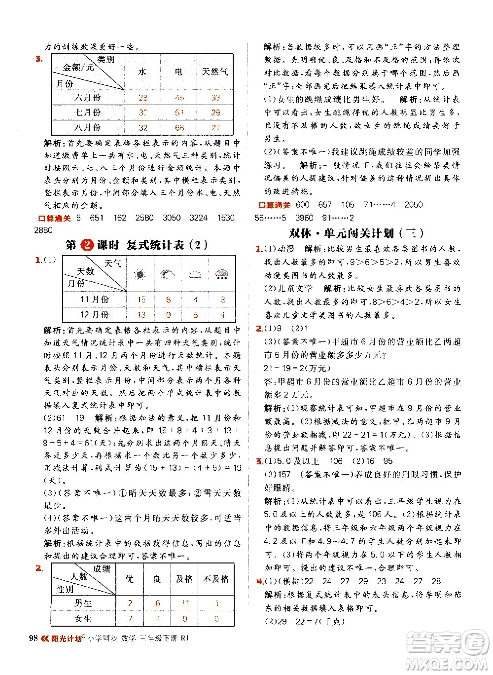 延邊大學(xué)出版社2021春陽光計(jì)劃小學(xué)同步數(shù)學(xué)三年級(jí)下冊(cè)RJ人教版答案